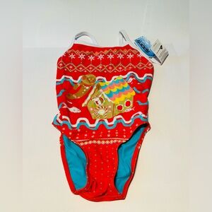 Sporti Christmas Ugly Sweater Gingerbread Diver Thin Strap Swimsuit Size: 26Y
